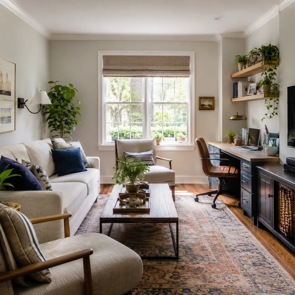 Realistic editorial photo of a compact living room with sofa, chairs, rug, coffee table, and window light showing desk or work zone that does not creep
