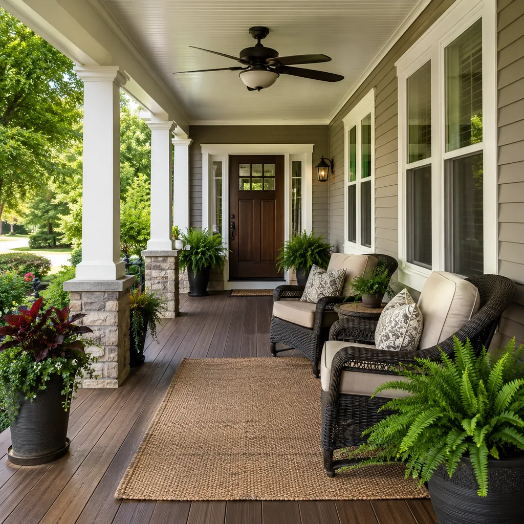 Realistic editorial photo of a covered porch with chairs, ceiling fan, plants, side tables, rug, and outdoor living details showing clear path to the door