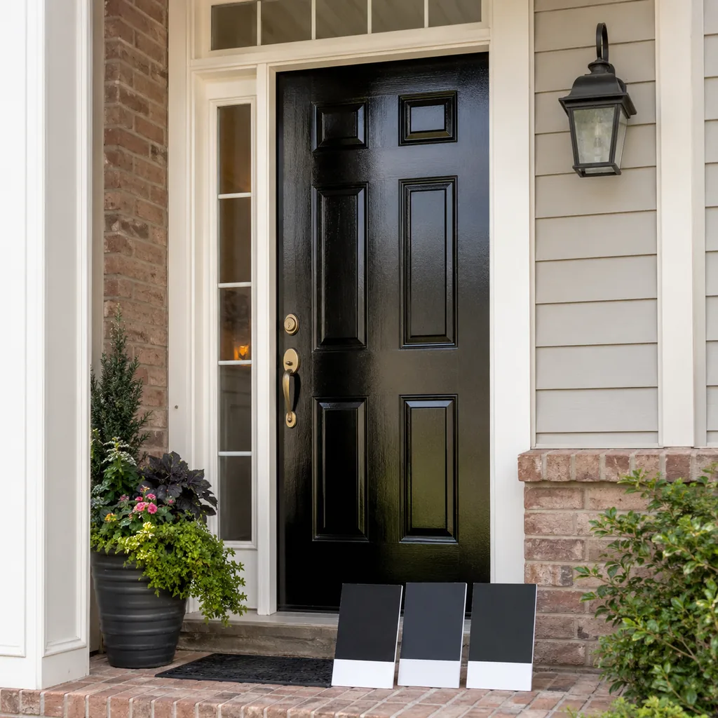 Realistic editorial photo of a front entry with door paint samples, brick, siding, plants, and trim showing black front door with the wrong sheen