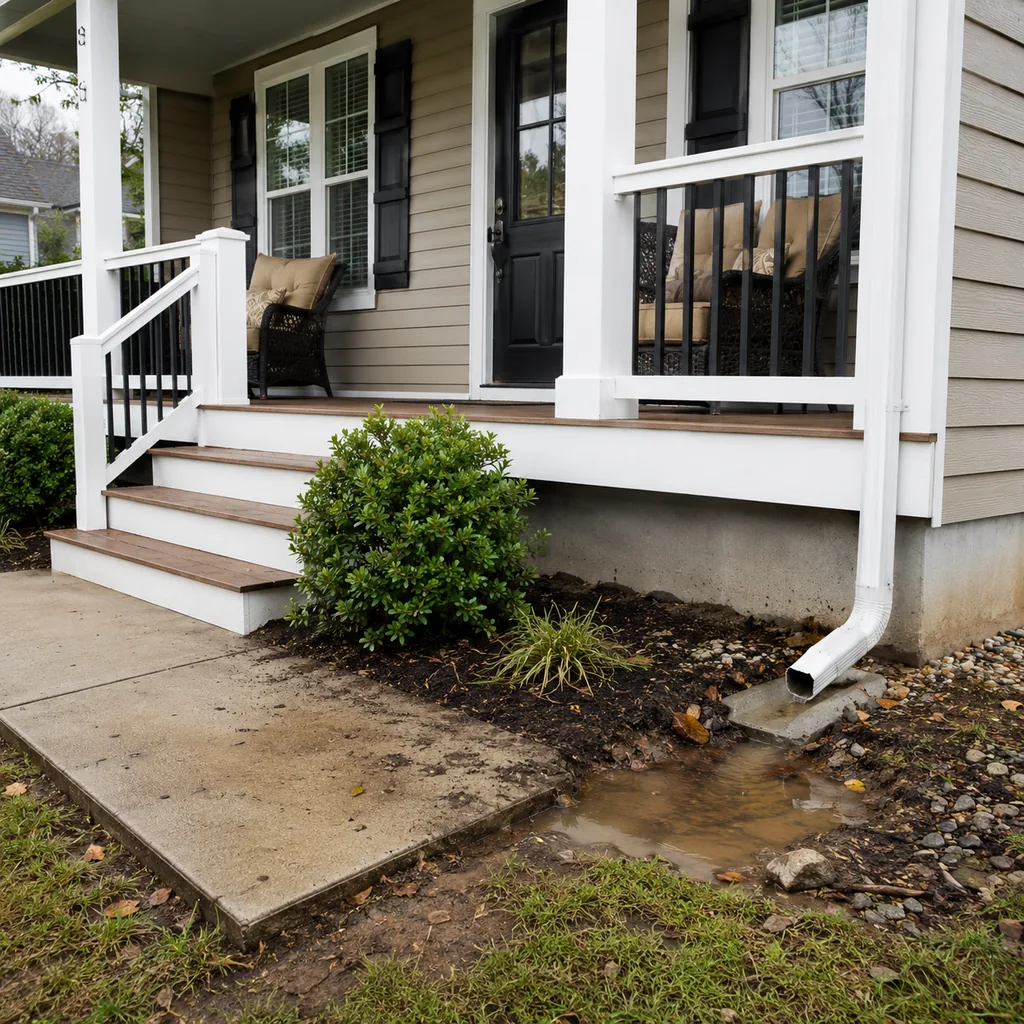 Realistic editorial photo of a front porch prepared for a home showing with steps, door, railings, seating, and curb appeal issues showing downspouts dumping ne