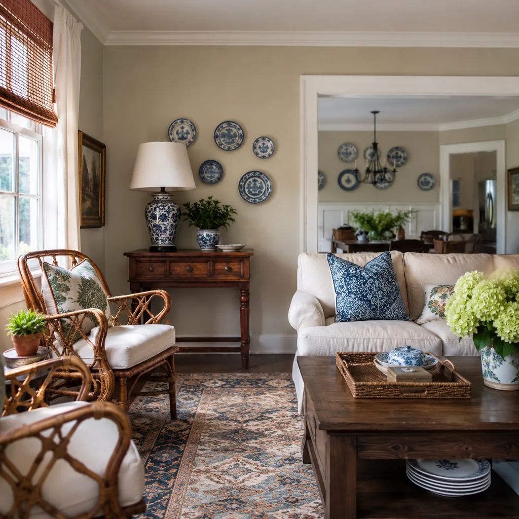 Realistic editorial photo of a home interior with vintage decor, modern furniture, warm wood, patterned accents, and layered lighting showing plate walls with a