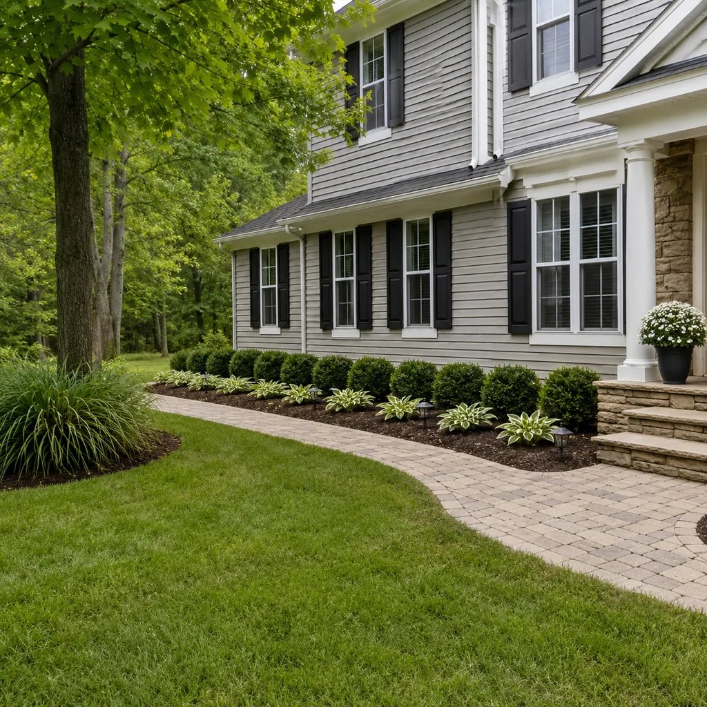Realistic editorial photo of a landscaped American front yard with lawn, shrubs, mulch beds, trees, walkway, and house exterior showing foundation plants all th
