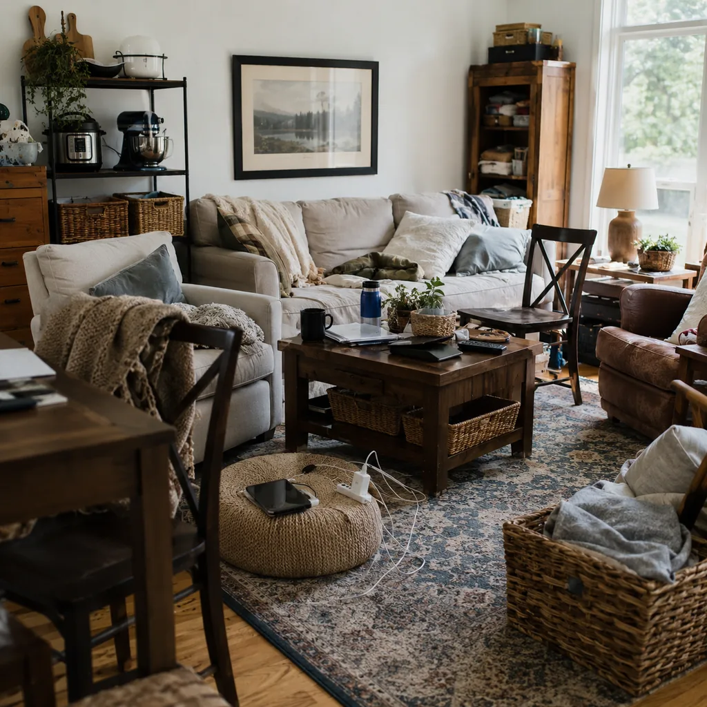 Realistic editorial photo of a living room with crowded surfaces, extra chairs, baskets, blankets, cords, and storage furniture showing countertop appliances us