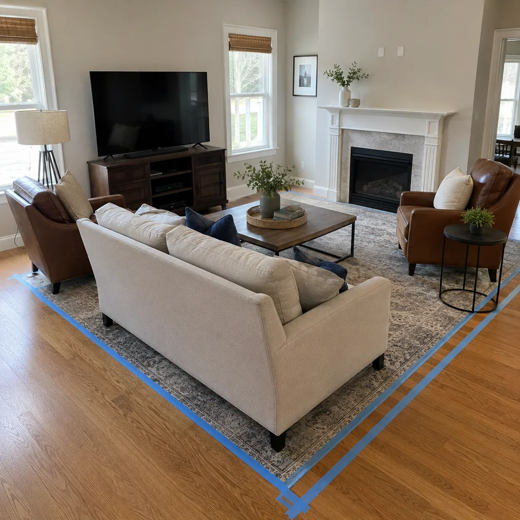 Realistic editorial photo of a living room with sofa, chairs, rug, TV, windows, and taped layout marks showing sofa that does not swallow the floor plan