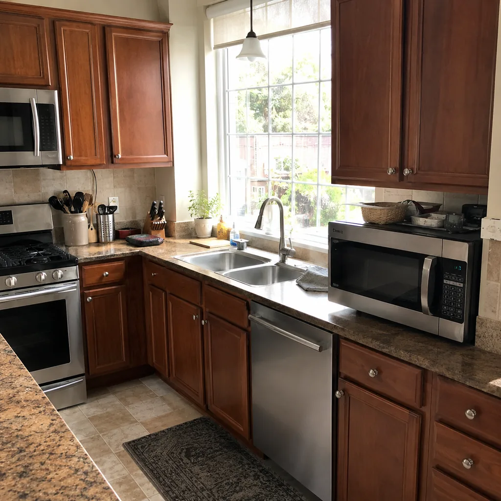 Realistic editorial photo of a realistic American kitchen with sink, cabinets, appliances, counters, and inspection details showing microwave eating the best co