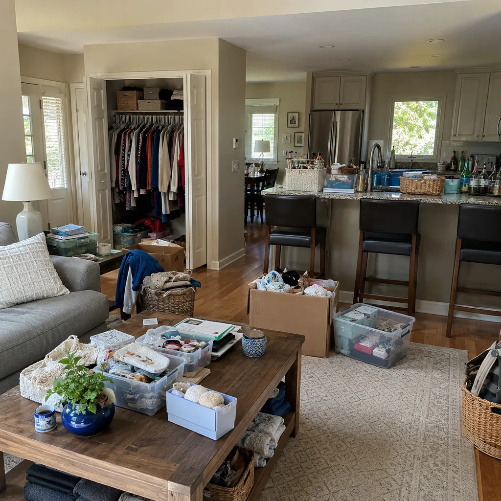 Realistic editorial photo of a realistic cluttered living room and kitchen area with boxes, counters, shelves, and organizing bins showing closets packed to the