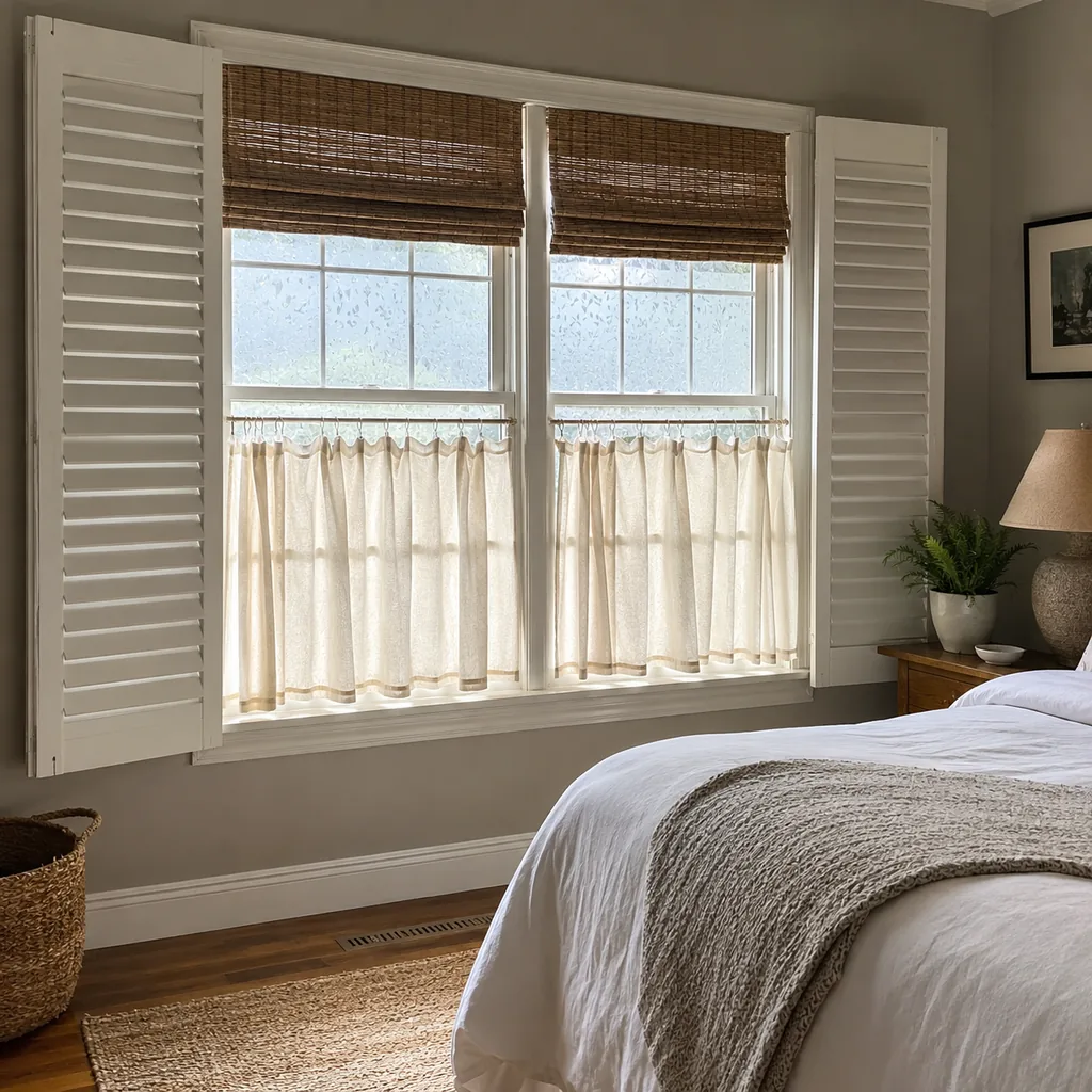Realistic editorial photo of a room with windows, shades, shutters, woven panels, privacy film, and soft natural light showing cafe curtains in the wrong room