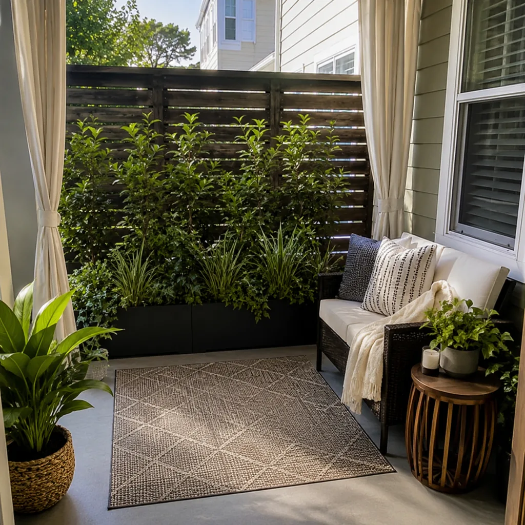Realistic editorial photo of a small patio with compact seating, outdoor rug, plants, side table, curtains, and privacy screen showing plants blocking the porch