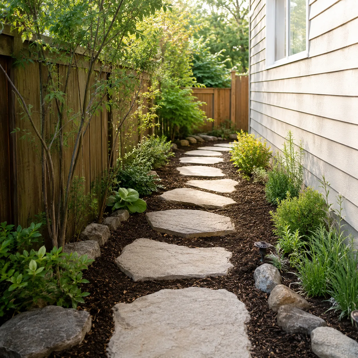 Realistic editorial photo of a stepping stone path in budget backyard weekend upgrade, realistic editorial photo, natura