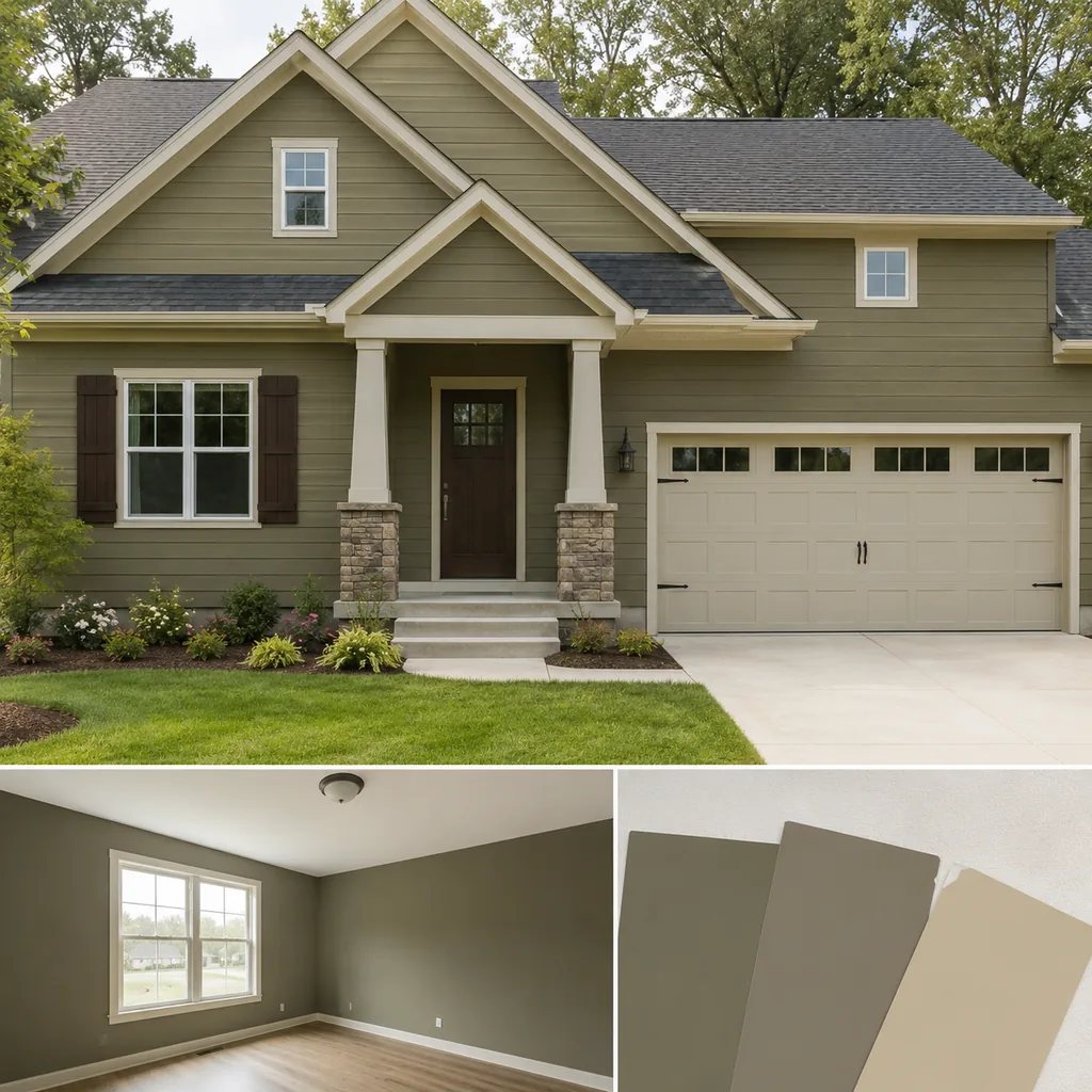 Realistic editorial photo of a suburban home exterior with siding, trim, roof, front door, lawn, and paint swatches showing muddy olive in a north-facing room