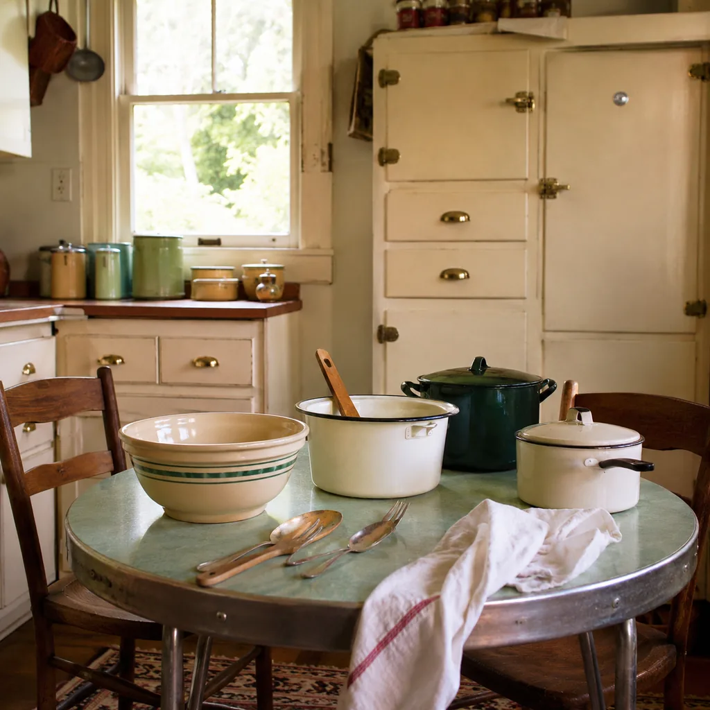 Realistic editorial photo of a vintage kitchen table with bowls, enamel cookware, utensils, tins, and warm window light showing original brass or bakelite hardw