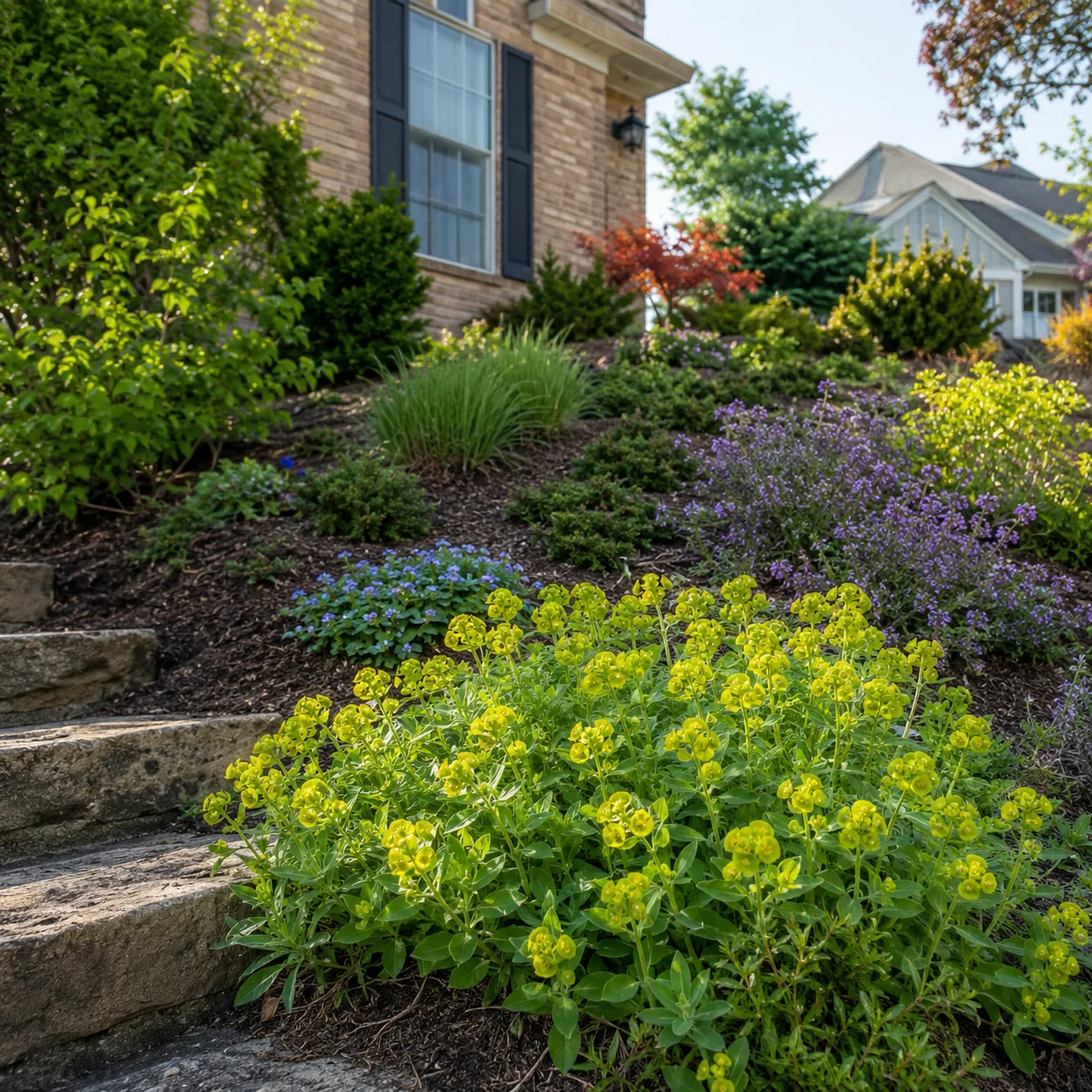 Realistic editorial photo of Allegheny spurge growing in sloped front yard planted with controlled ground covers, realis