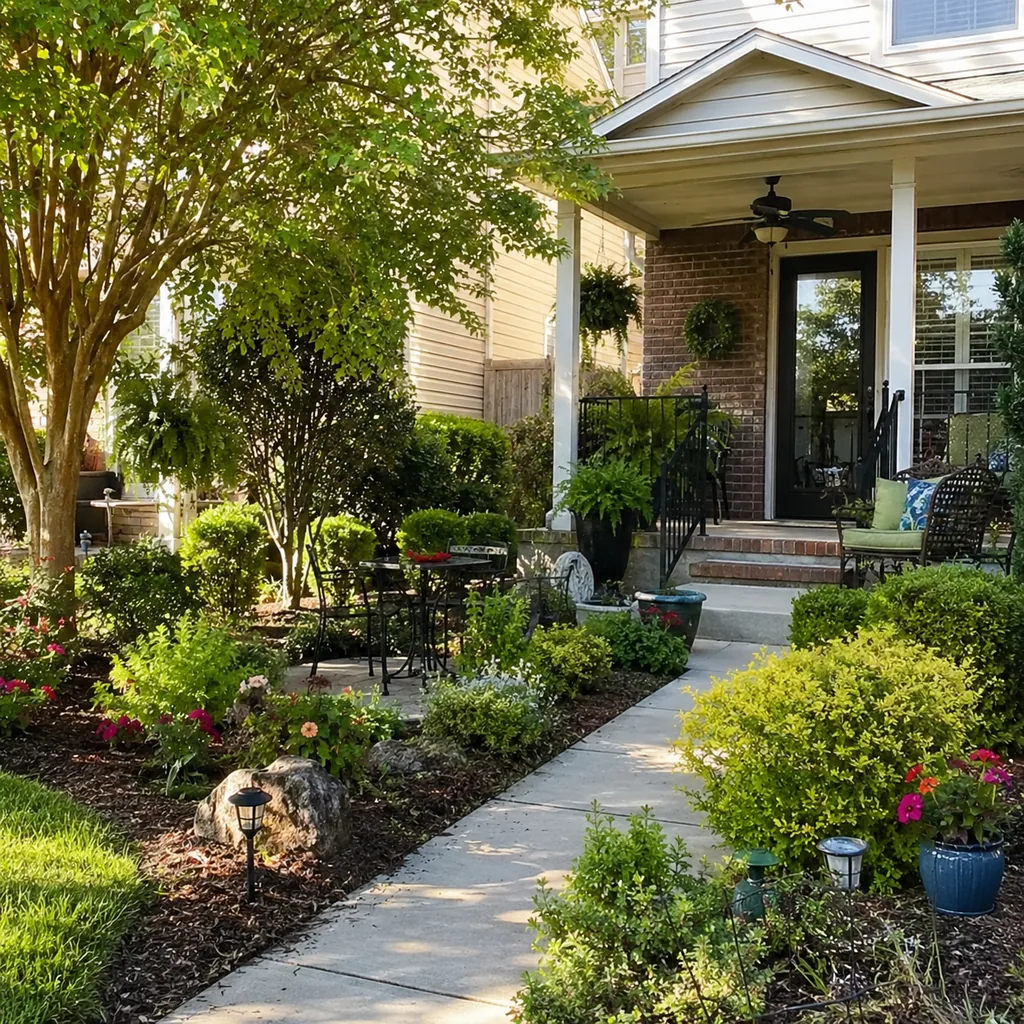 Realistic editorial photo of an American front yard with lawn, shrubs, walkway, mulch beds, trees, and a front porch showing small patio trying to do too much