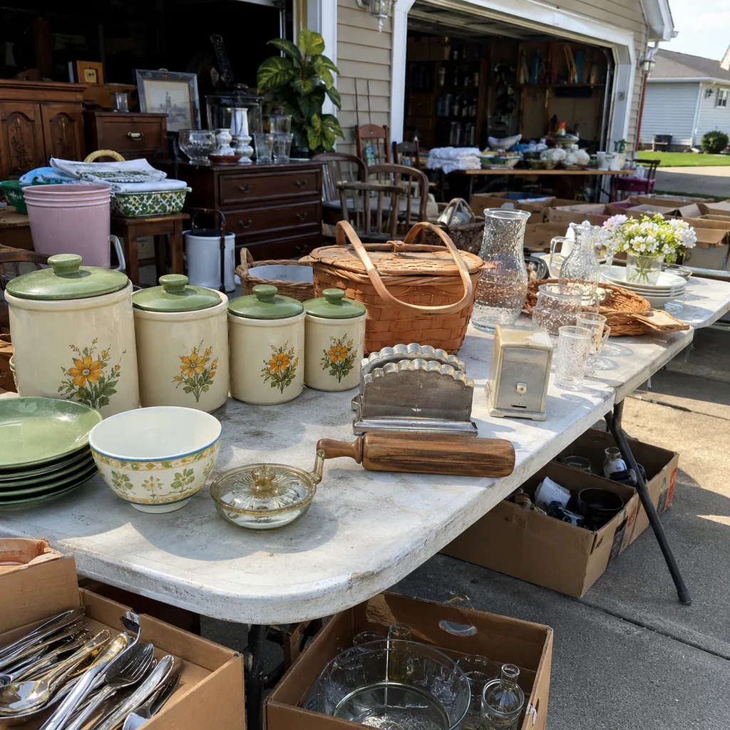 Realistic editorial photo of an American garage sale with folding tables, boxes, old kitchen items, furniture, and collectibles showing vintage kitchen canister