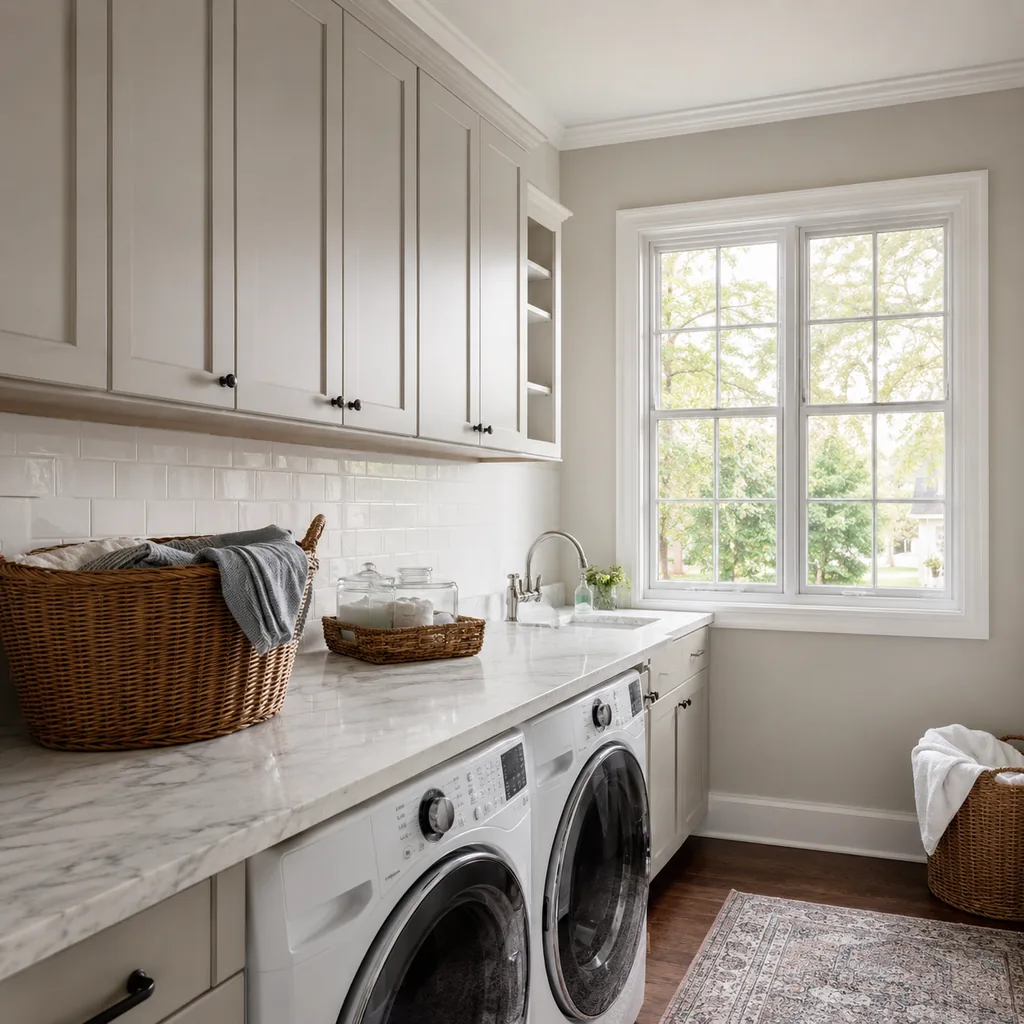 Realistic editorial photo of an American laundry room showing skipping task lighting over counter