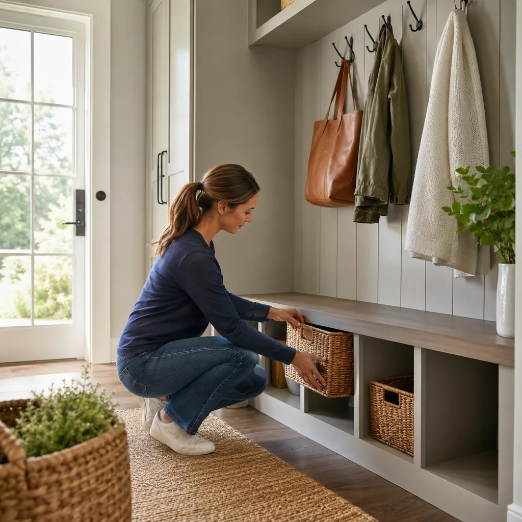 Realistic editorial photo of an American mudroom showing installing pretty baskets that are small
