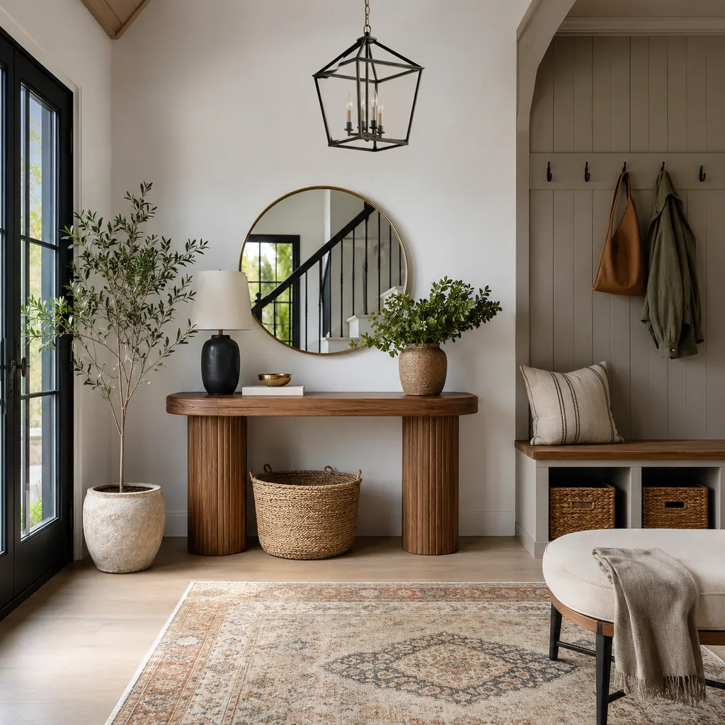 Realistic editorial photo of an entryway with console table, mirror, bench, hooks, rug, lighting, and storage showing curved furniture balanced with straight li