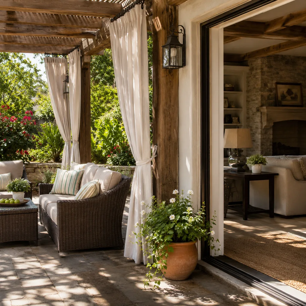 Realistic editorial photo of an outdoor patio with pergola curtains, seating, plants, fabric panels, and sunlight showing living room with no soft window frame