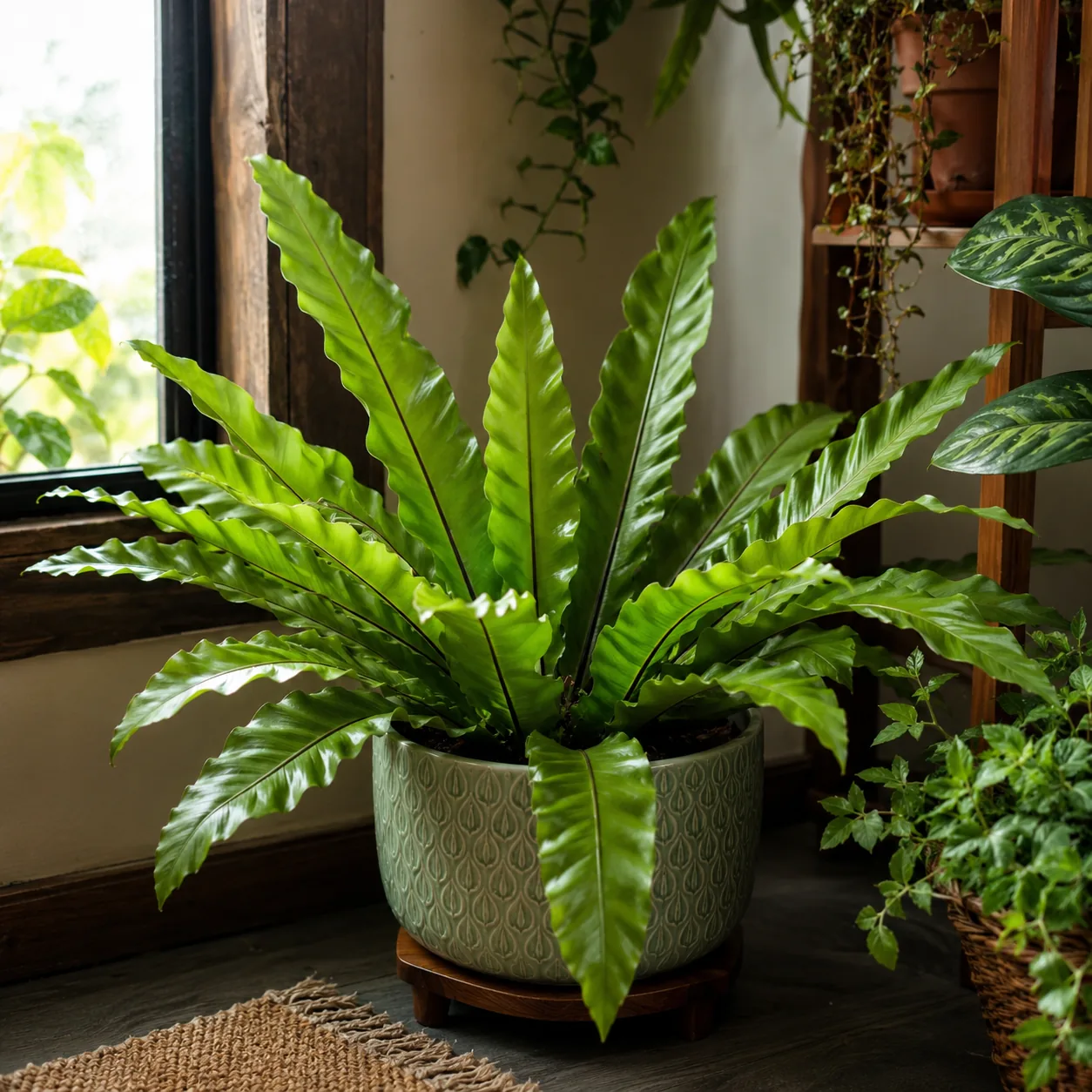 Realistic editorial photo of Bird nest fern growing in low light room corner with houseplants near a window, realistic e