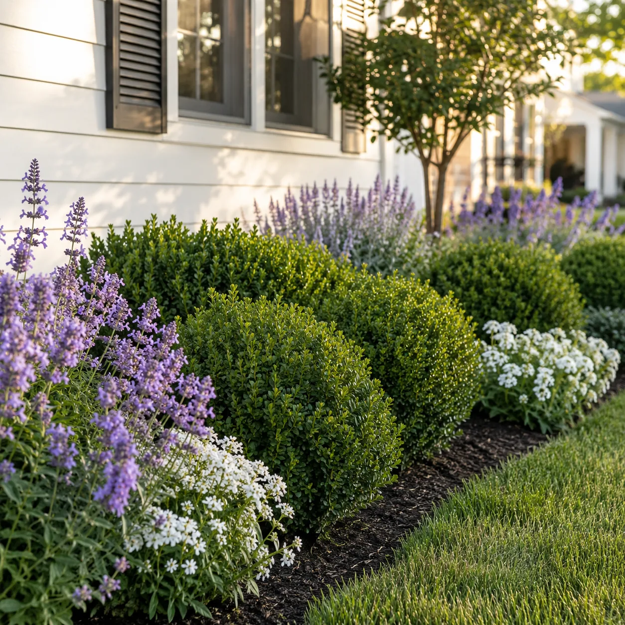 Realistic editorial photo of Boxwood growing in front yard border with deer resistant flowering plants, realistic editor