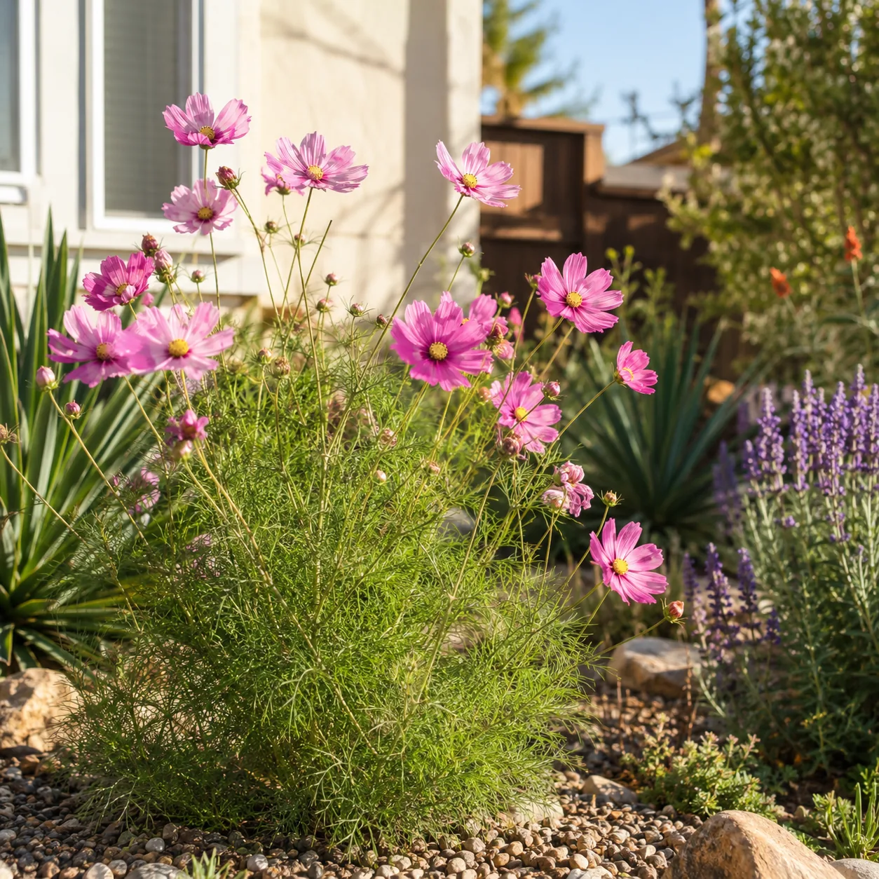 Realistic editorial photo of Cosmos growing in sunny drought tolerant flower bed in summer heat, realistic editorial pho