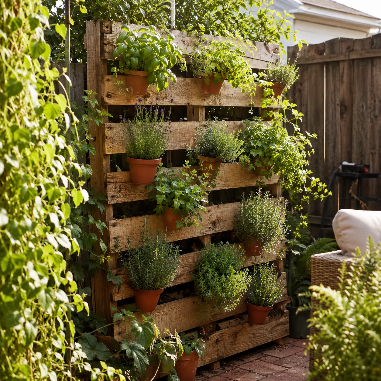 Realistic editorial photo of pallet herb wall in an ordinary backyard needing privacy, realistic editorial photo, natura