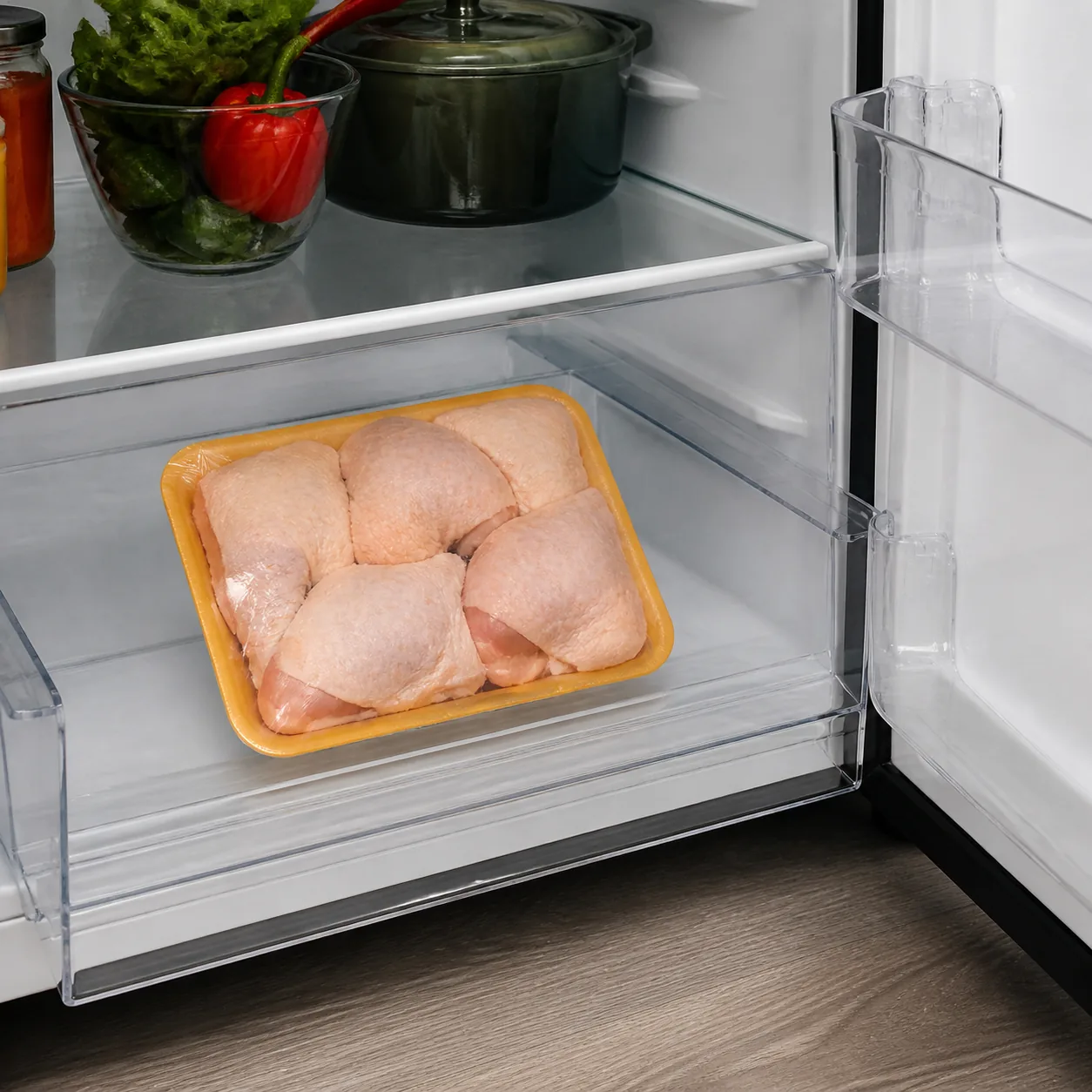 Realistic editorial photo of raw chicken package correctly placed in a sealed tray on the bottom refrigerator shelf, doo