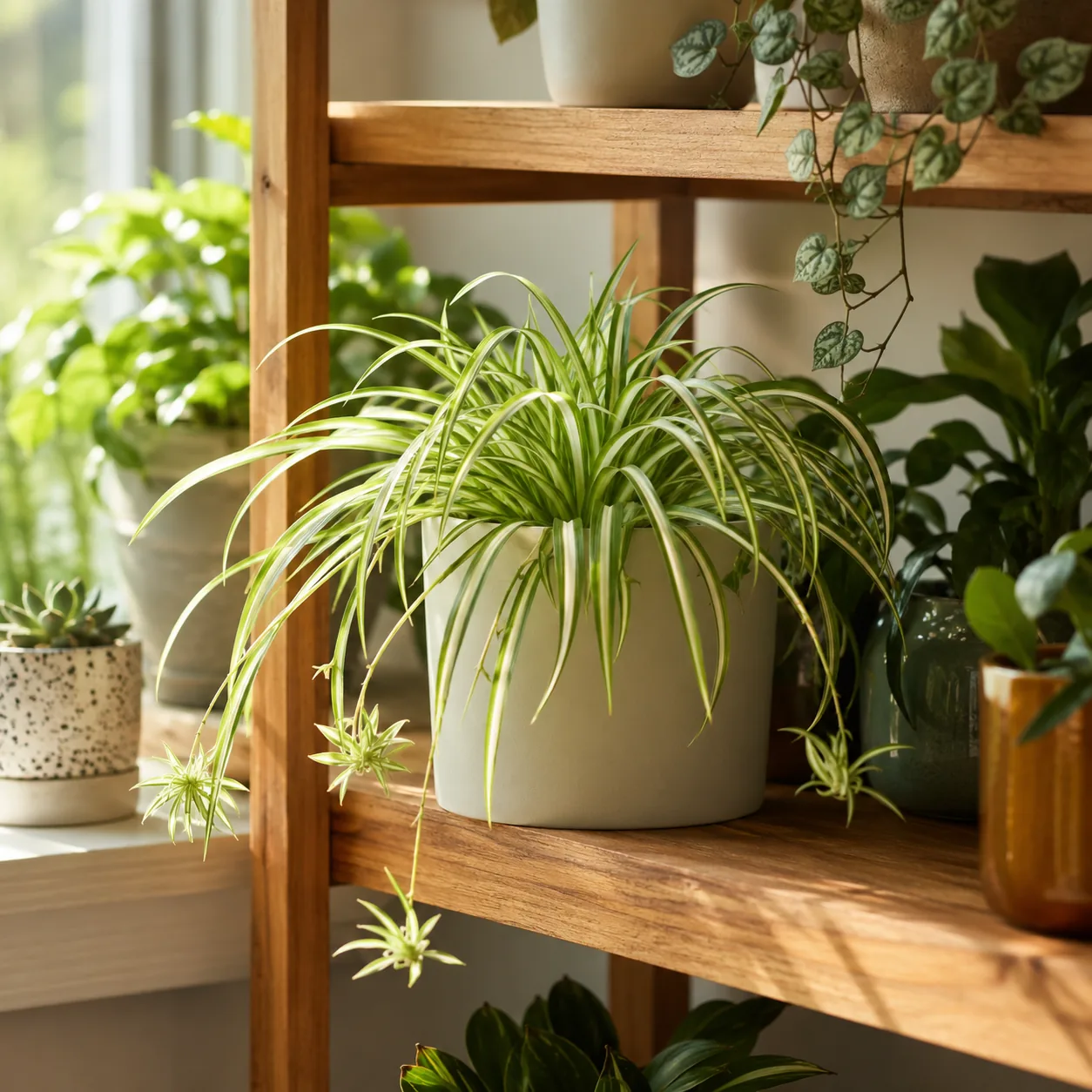 Realistic editorial photo of Spider plant growing in bright indoor shelf with low maintenance houseplants, realistic edi