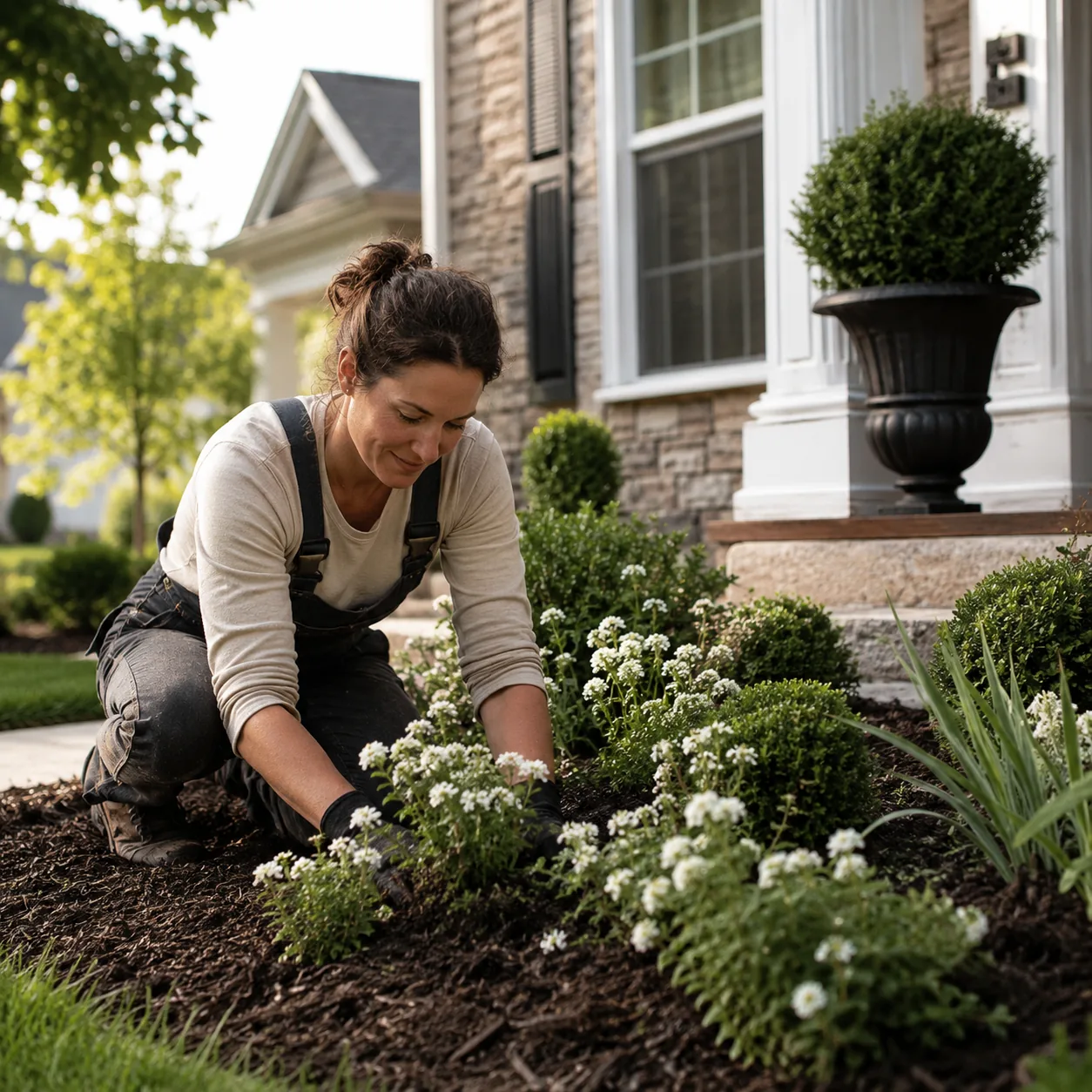 Realistic editorial photo of use a limited color palette in polished suburban front yard, realistic editorial photo, nat