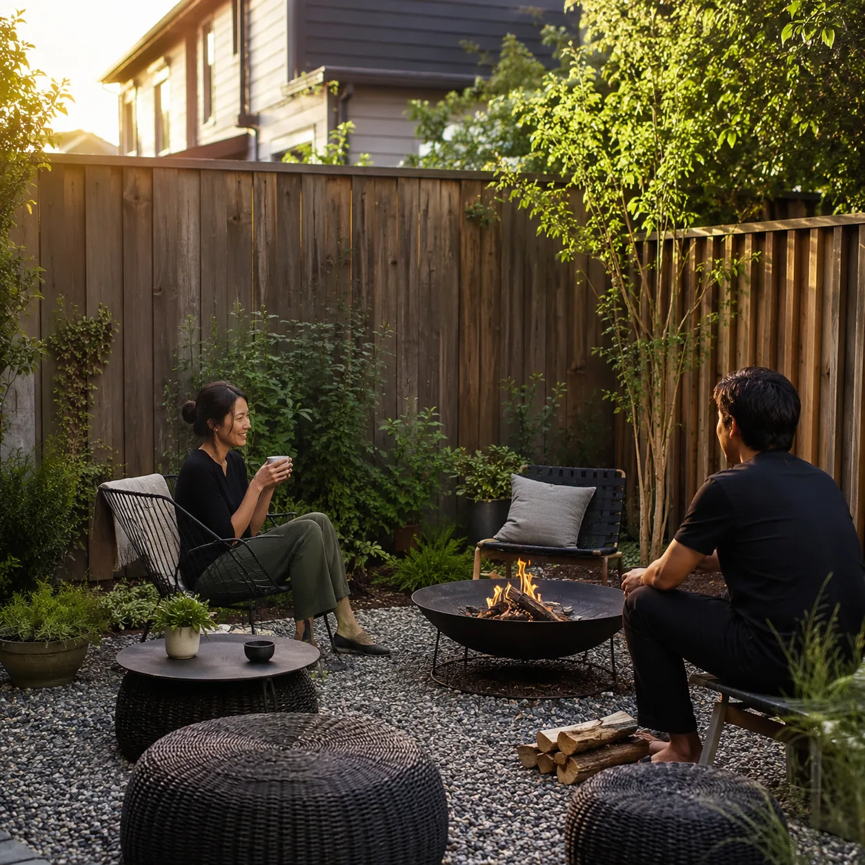 Realistic editorial photo of use gravel for flexible seating in small fenced backyard, realistic editorial photo, natura