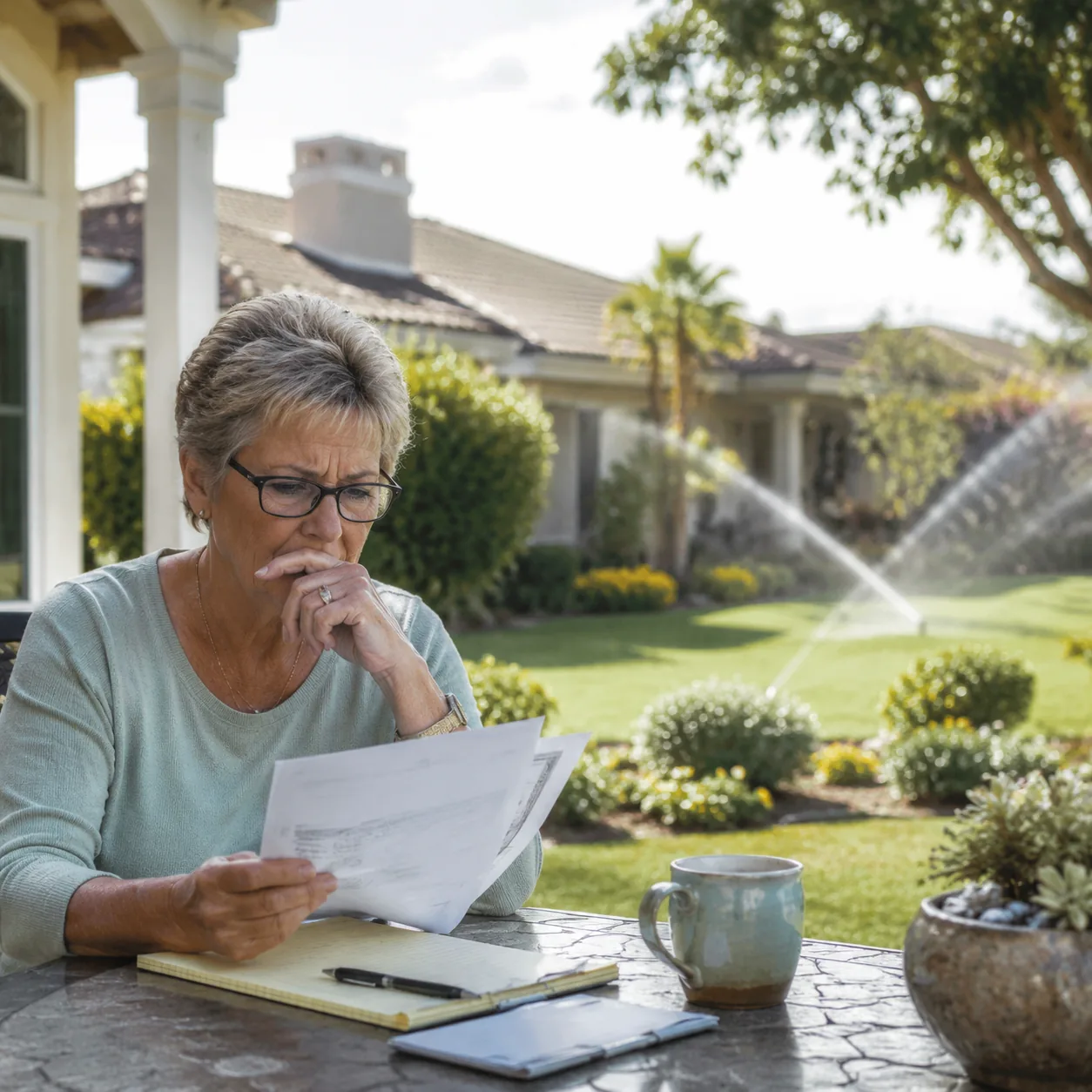 sprinkler system running in 55 plus community lawn while older homeowner checks water bill, realistic editorial lifestyl