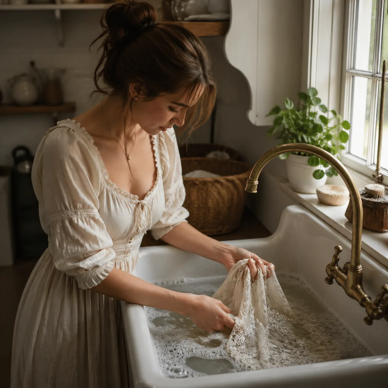 Warm editorial photo of a young woman gently swirling a lace blouse in a basin of soapy water in a clean farmhouse sink