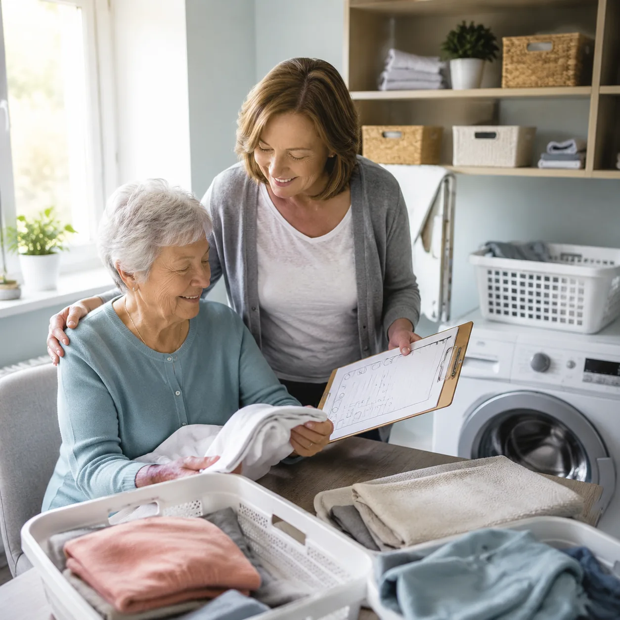 assisted living laundry room with labeled clothing and family checklist, realistic editorial lifestyle photography for A