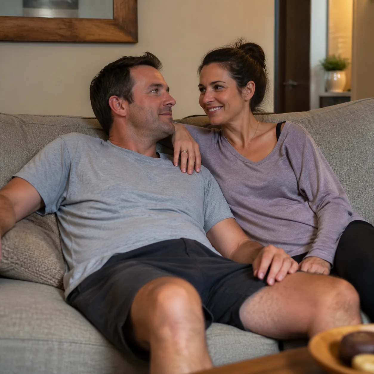 Cozy realistic lifestyle photo of a husband relaxing on the couch in old comfy shorts and a t-shirt while his wife smile