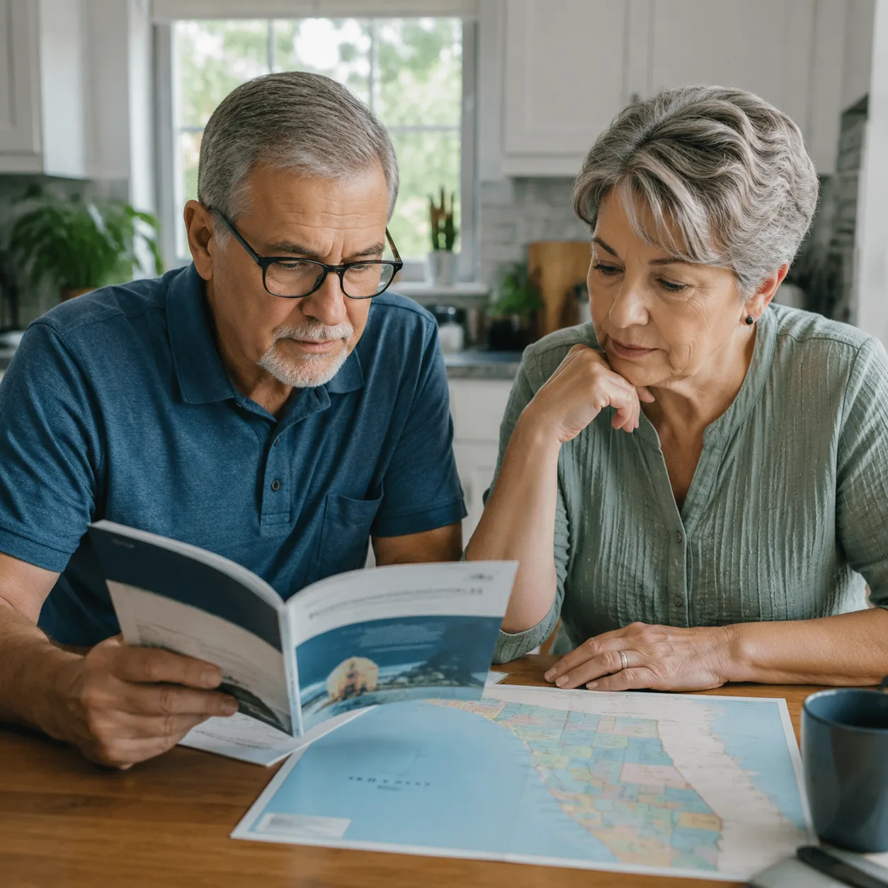 older couple reviewing Medicare plan booklet and Florida county map at kitchen table, realistic editorial lifestyle phot