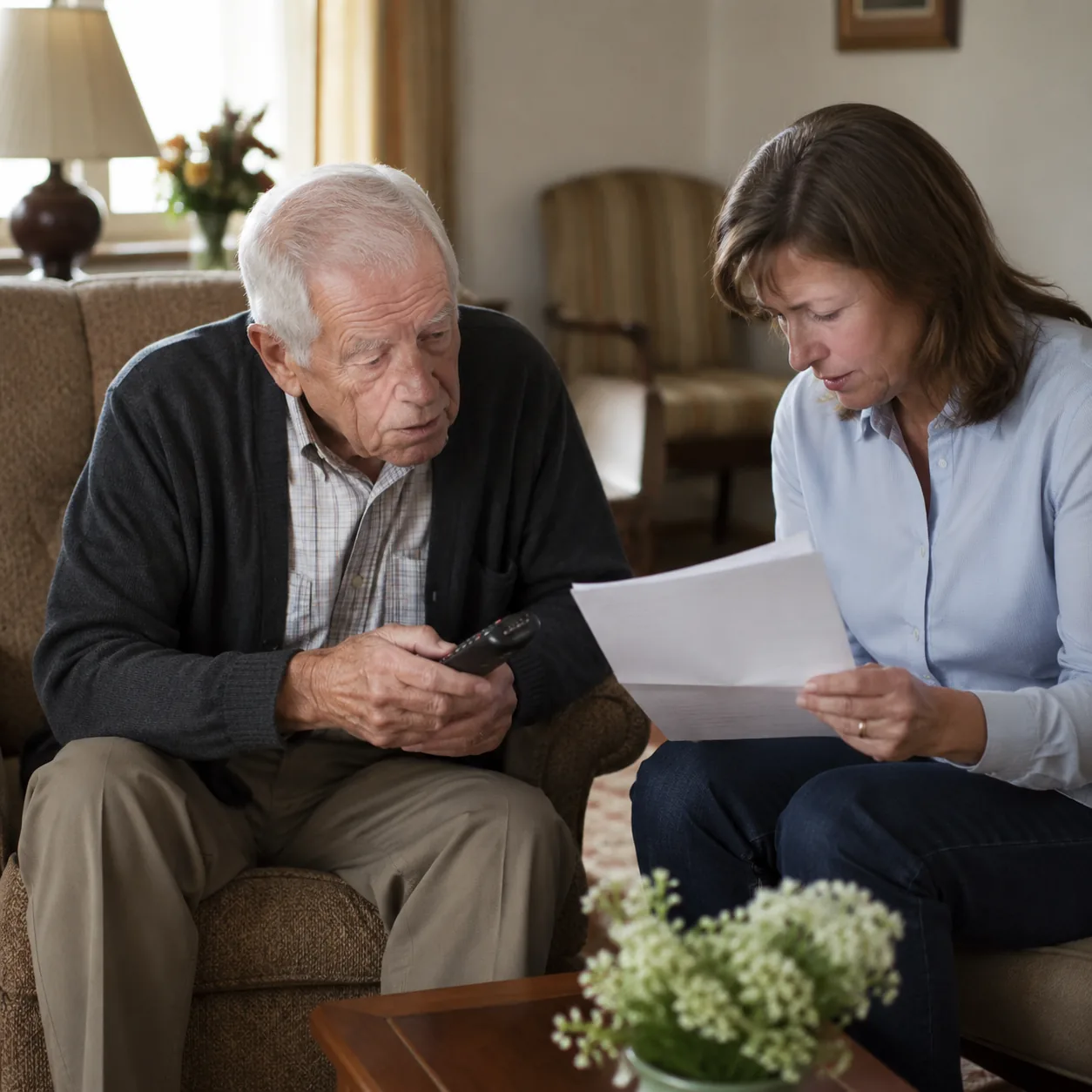 older man in assisted living room looking at television remote while daughter checks cable bill, realistic editorial lif