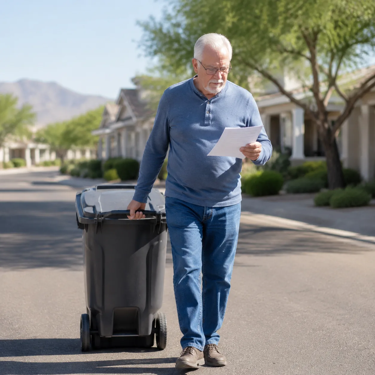 older man rolling trash bin down neat retirement community street with utility bill in hand, realistic editorial lifesty
