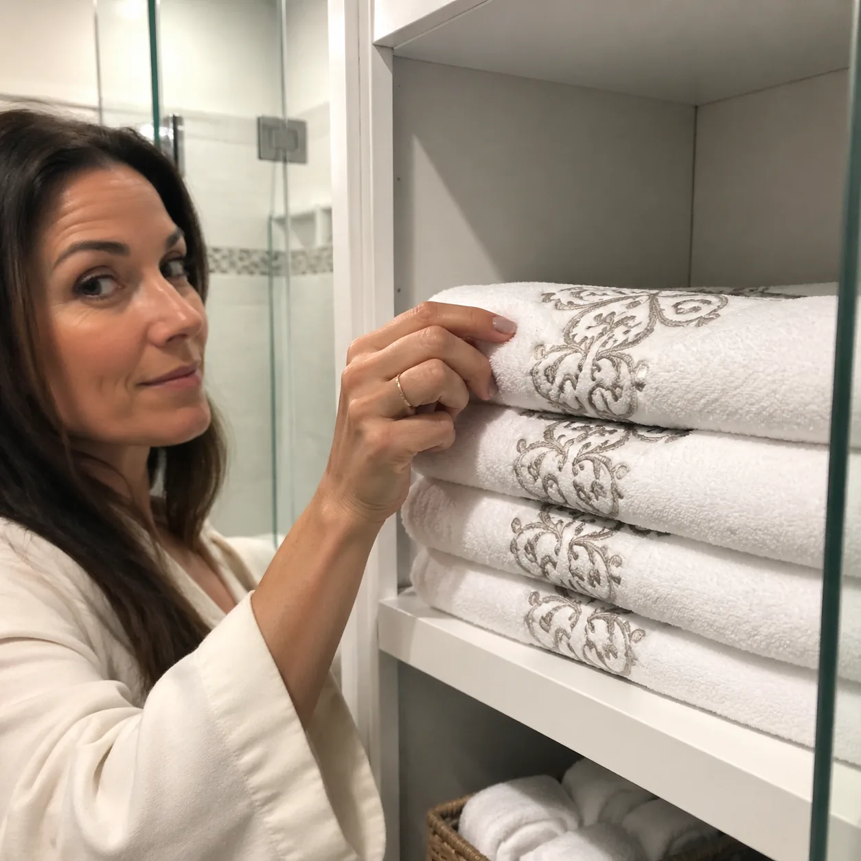 Realistic close-up lifestyle photo of neatly folded fancy guest towels in a bathroom, wife reaching for one with a knowi
