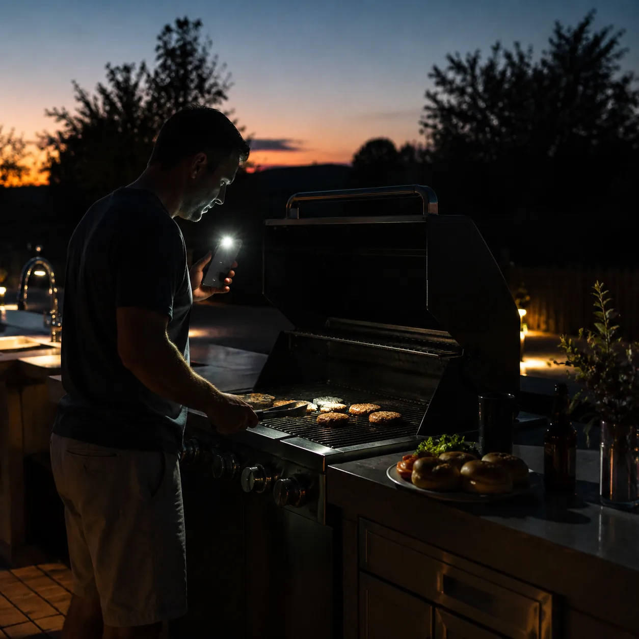 Realistic editorial evening outdoor kitchen with a grill in deep shadow, cook trying to see burgers with phone flashligh