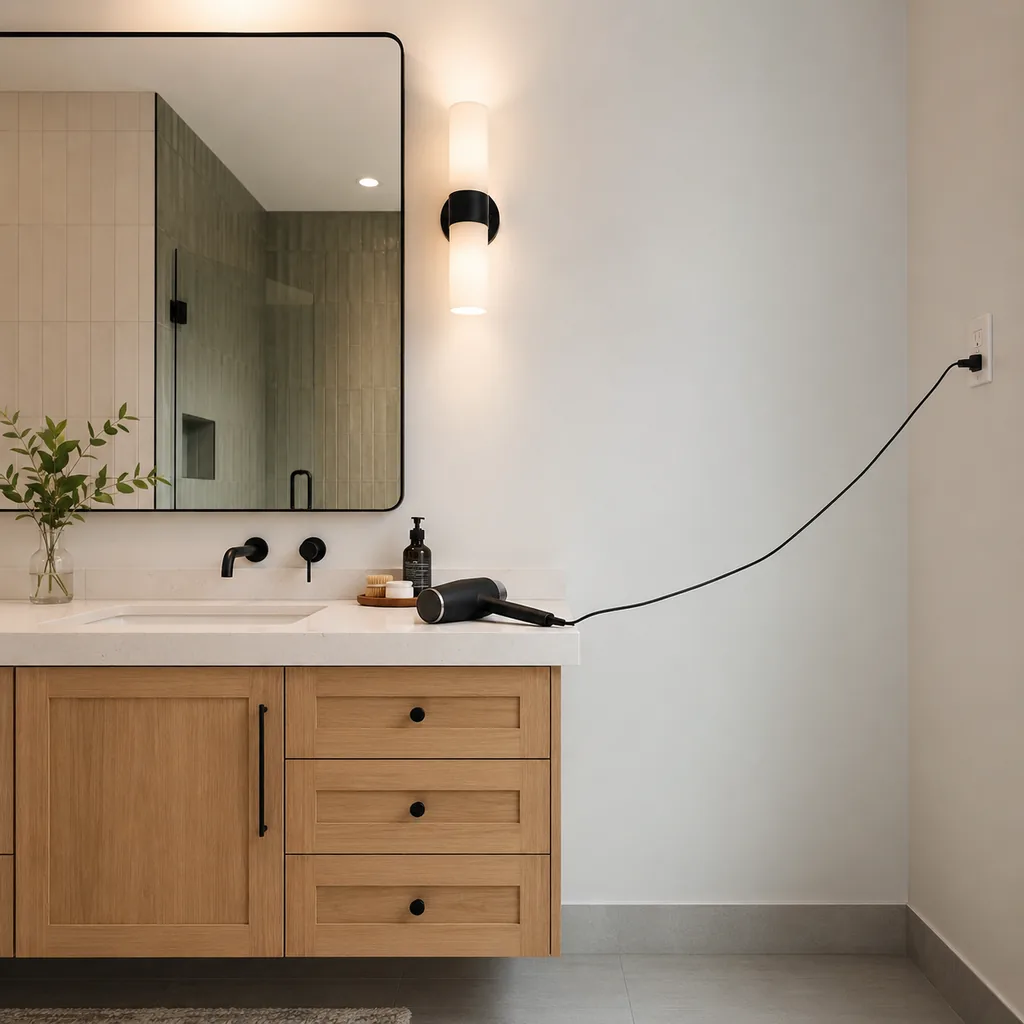 Realistic editorial photo of a bathroom vanity with a hair dryer cord stretched awkwardly from a badly placed outlet, clean remodel setting
