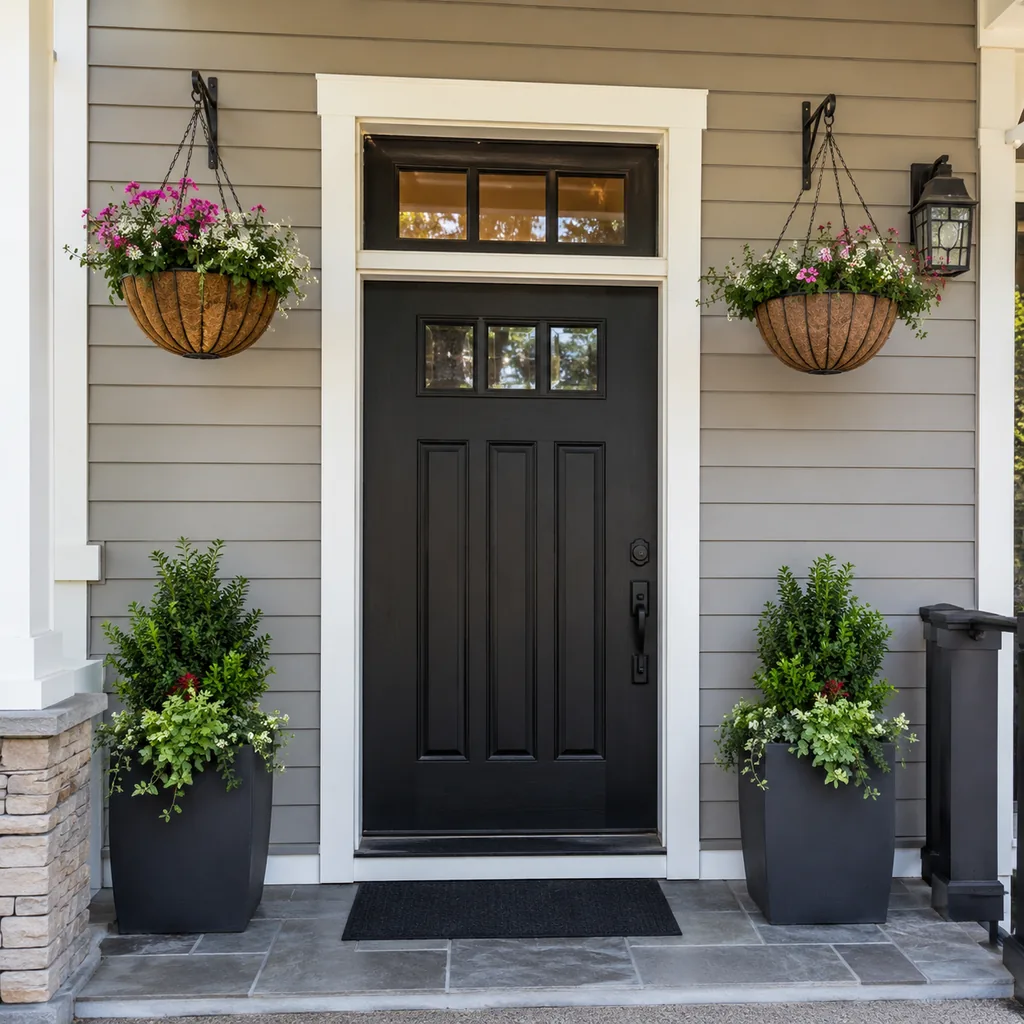 Realistic editorial photo of a black front door on an American home with trim, planters, hardware, and porch details showing hanging baskets placed above head h