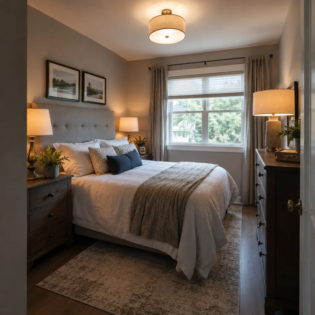 Realistic editorial photo of a compact American bedroom with bed, nightstands, window, dresser, and tight walkways showing layered lighting at three heights