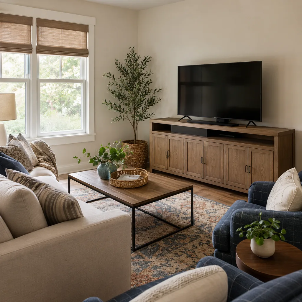 Realistic editorial photo of a compact living room with sofa, chairs, rug, coffee table, and window light showing media cabinet that hides cords