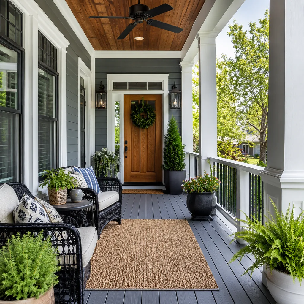Realistic editorial photo of a covered porch with chairs, ceiling fan, plants, side tables, rug, and outdoor living details showing plants that do not block the