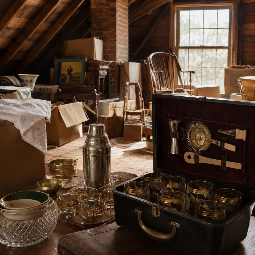 Realistic editorial photo of a dusty attic with boxes, old furniture, vintage kitchenware, and warm window light showing vintage barware sets