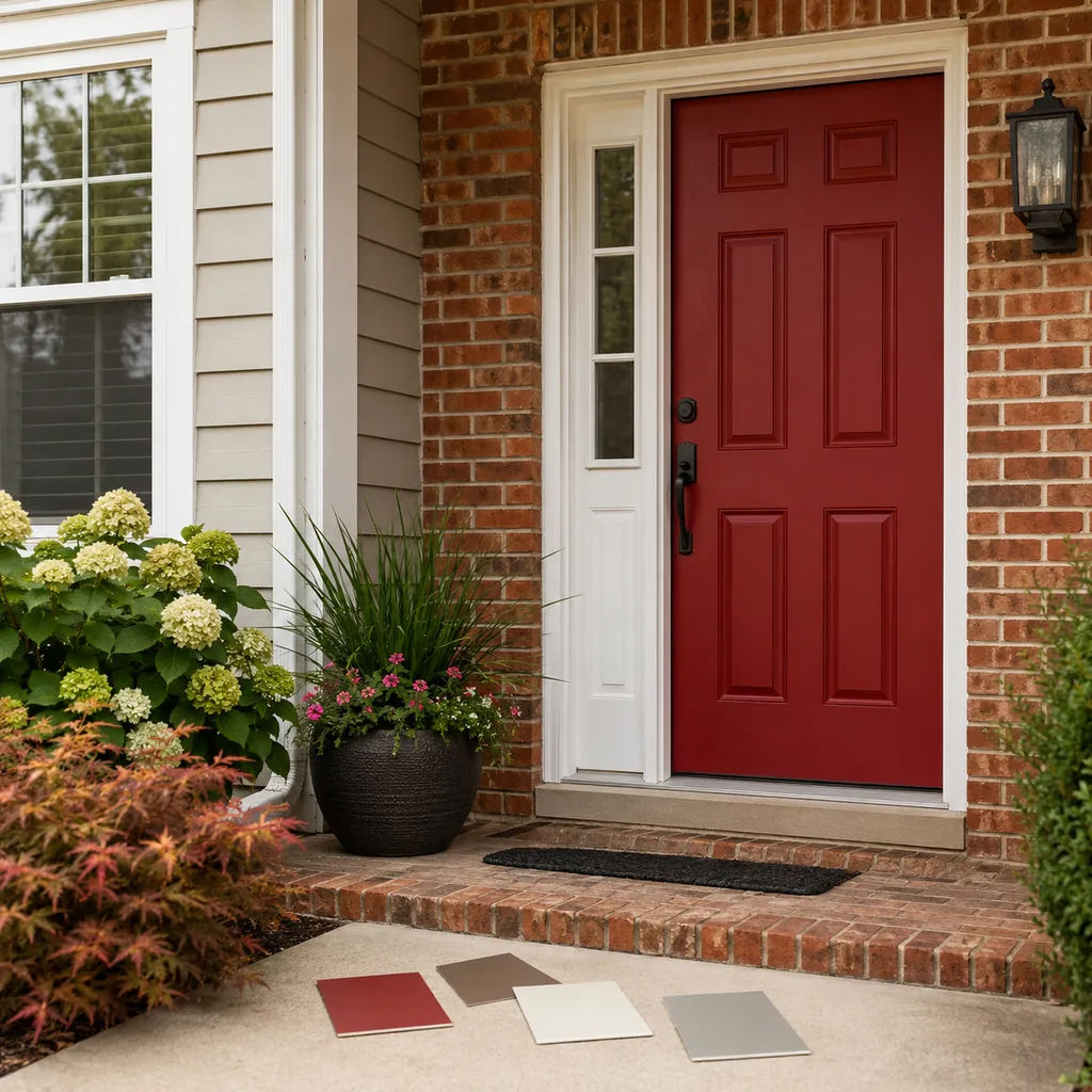 Realistic editorial photo of a front entry with door paint samples, brick, siding, plants, and trim showing red front door fighting warm brick