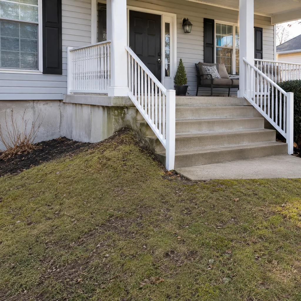 Realistic editorial photo of a front porch prepared for a home showing with steps, door, railings, seating, and curb appeal issues showing yard sloping toward t