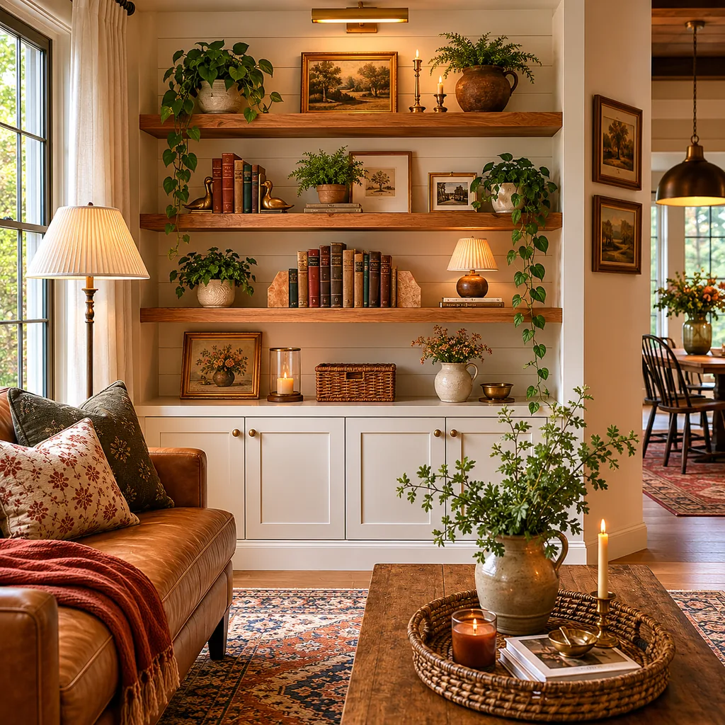 Realistic editorial photo of a home interior with vintage decor, modern furniture, warm wood, patterned accents, and layered lighting showing built-in looking s