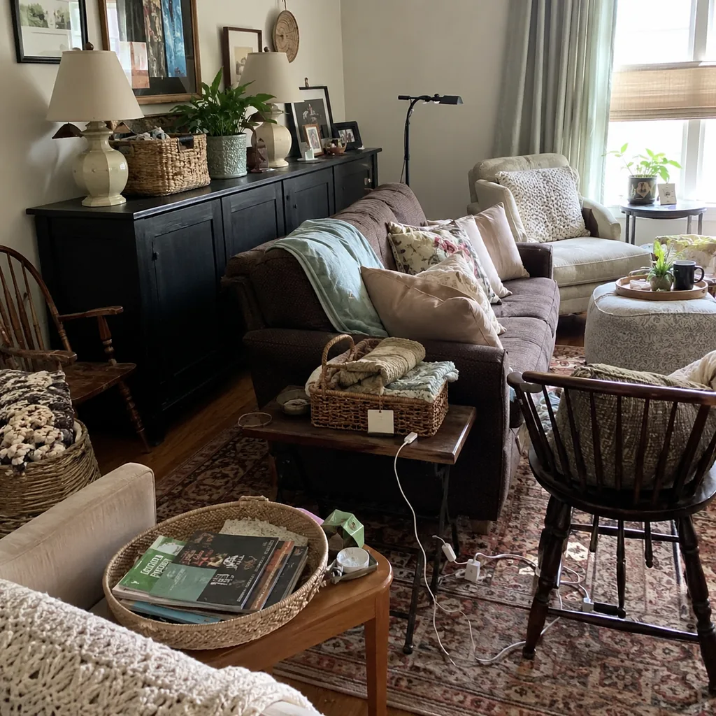 Realistic editorial photo of a living room with crowded surfaces, extra chairs, baskets, blankets, cords, and storage furniture showing storage furniture that i