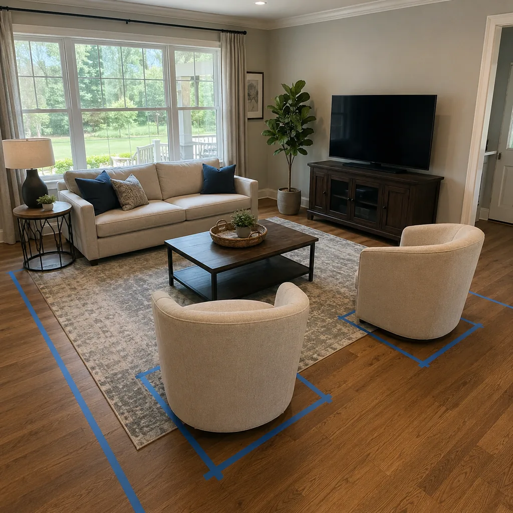 Realistic editorial photo of a living room with sofa, chairs, rug, TV, windows, and taped layout marks showing chair placed for conversation